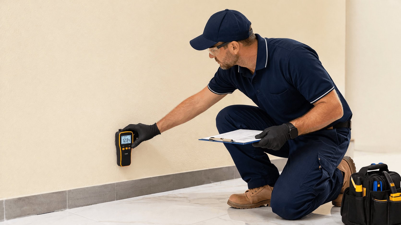 Professional performing annual termite inspection using moisture meter