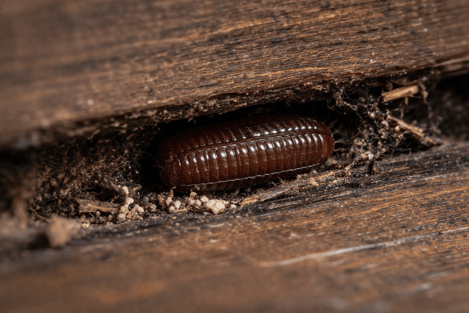 A close-up of a cockroach egg case (ootheca) hidden in a dark timber crevice.