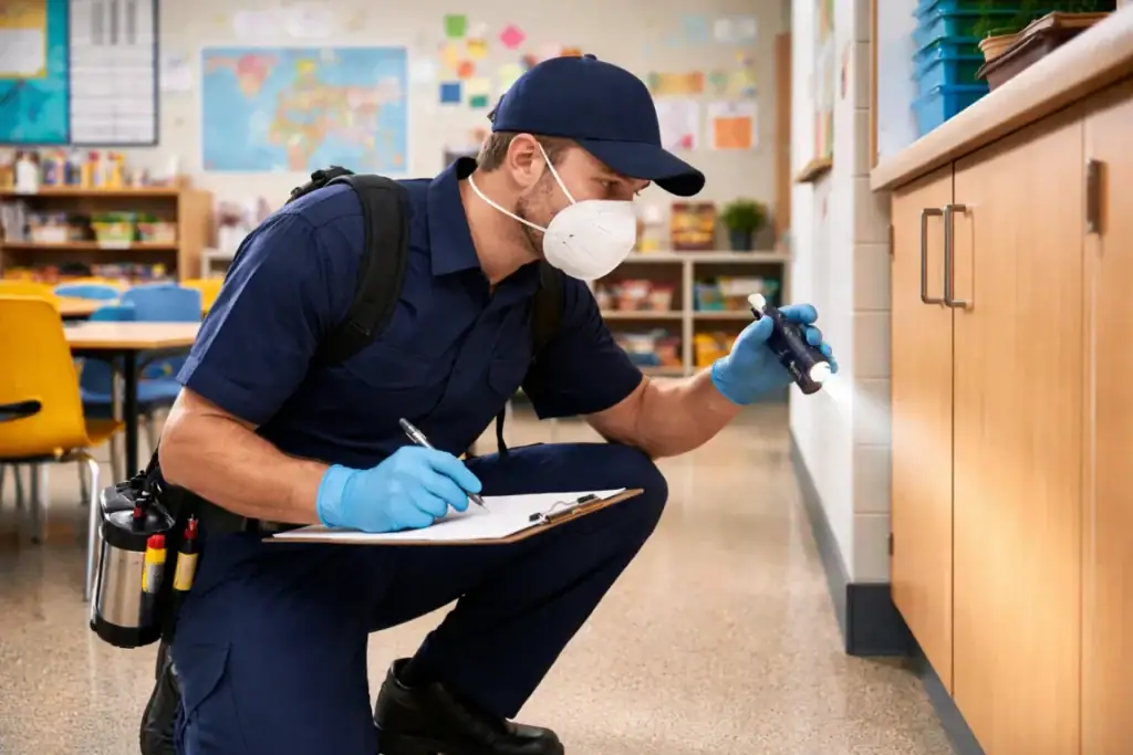 A professional technician performing an IPM inspection in a primary school classroom.