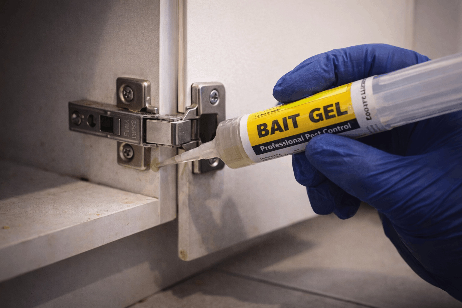 A pest control technician applying professional non-repellent bait gel to a kitchen cupboard hinge.