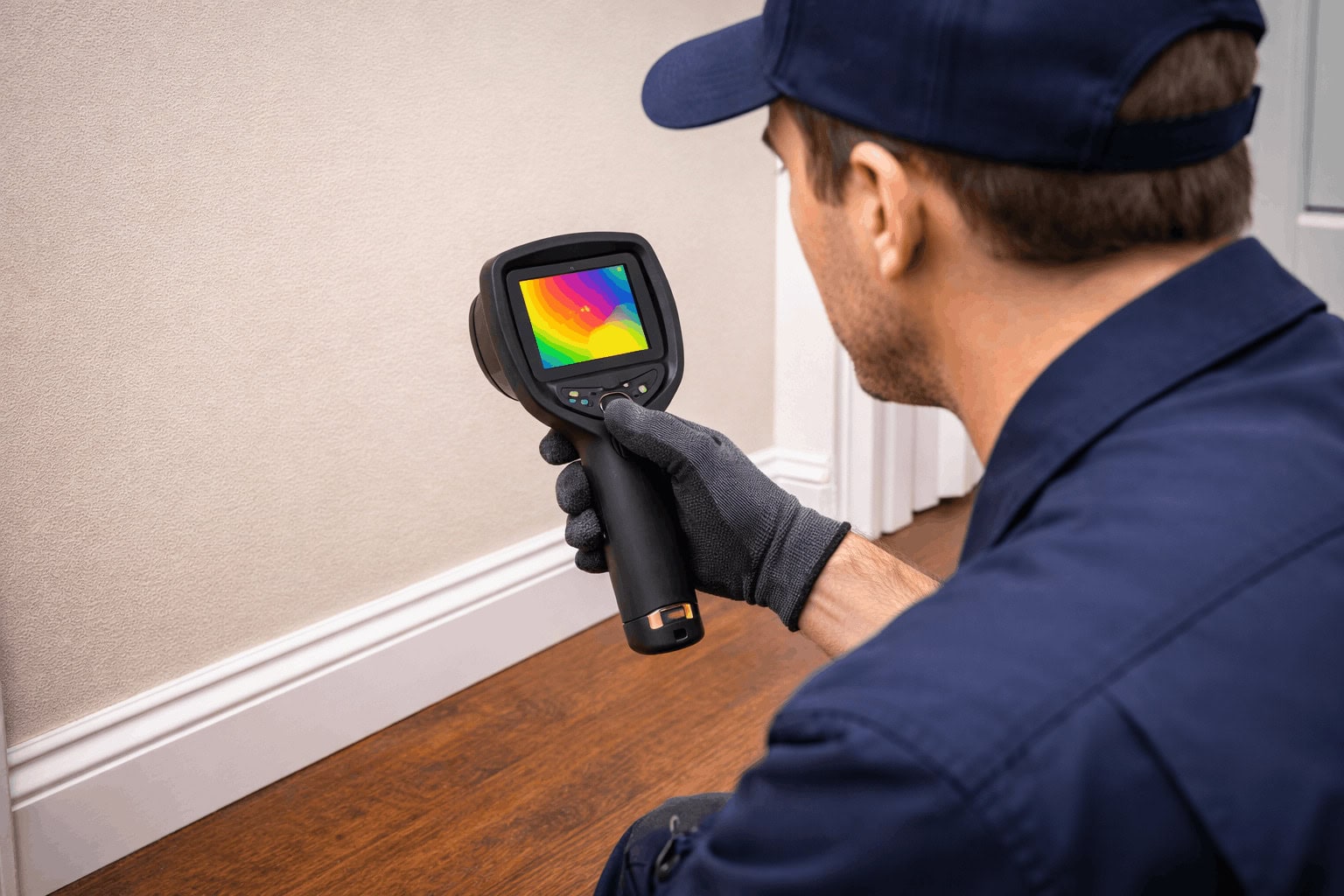 A professional termite inspection service technician using a thermal imaging camera to find termites behind a wall.