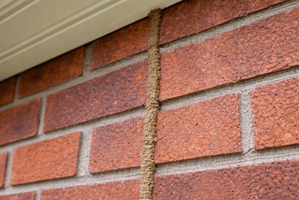 A pencil-thick earthen termite mud tube running vertically up a residential brick wall.