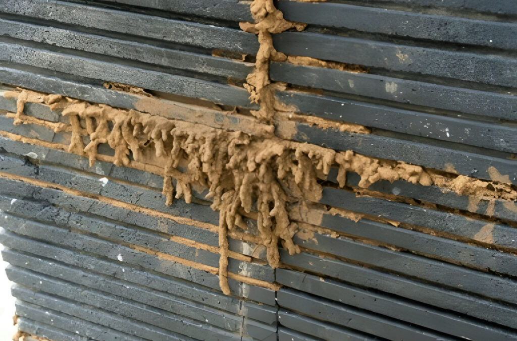 A pencil-thick earthen termite mud tube running vertically up a residential brick wall.