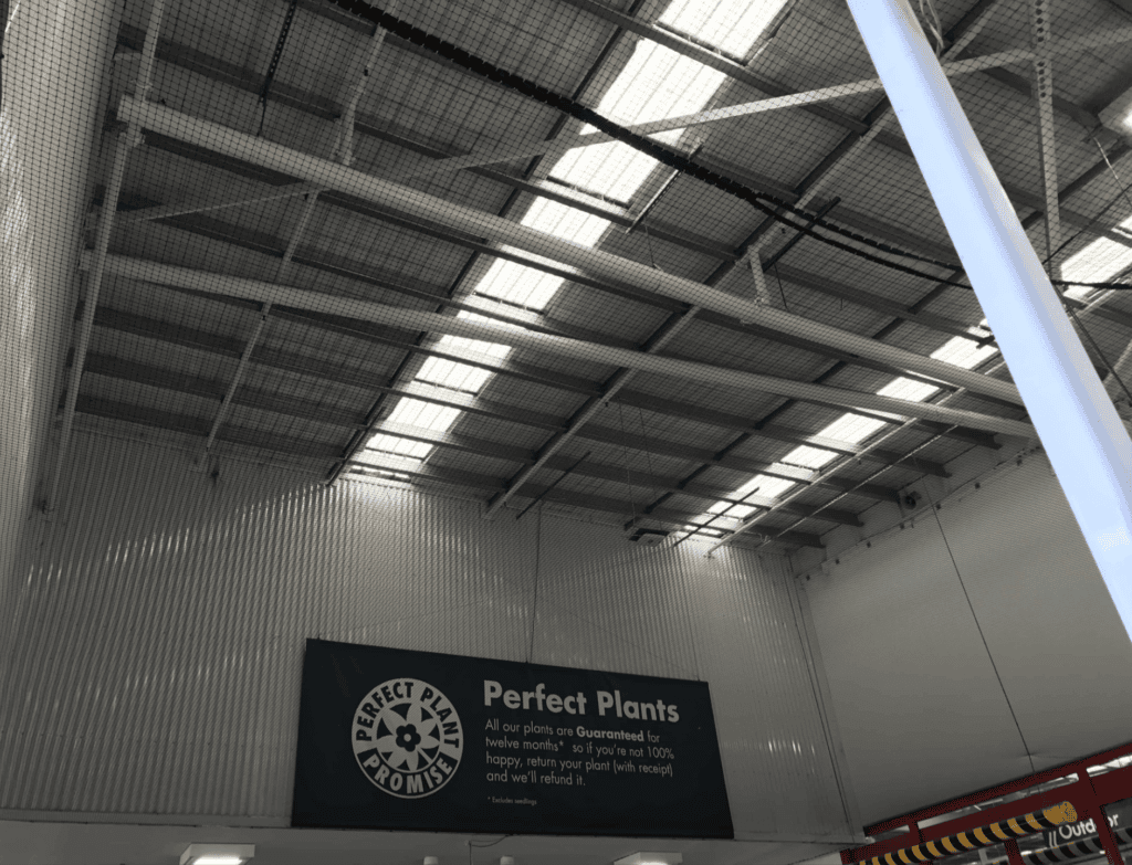 Warehouse ceiling with skylights, metal beams, and Perfect Plants banner showing Bunnings Warehouse bird proofing.