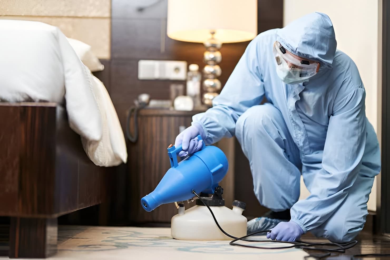A person in protective gear fogs a hotel room near the bed and lamp, showing Commercial Pest Control Sydney’s thoroughness.