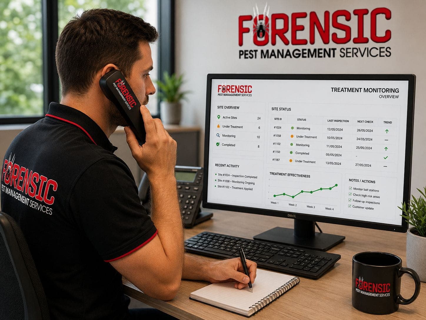 Man in Forensic Pest Management Services uniform reviews pest monitoring data for Commercial Pest Control Sydney at desk.