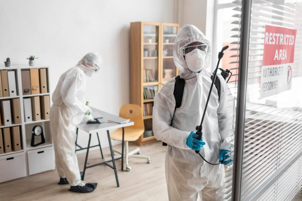Two people in protective suits disinfecting an office, one sprays and one cleans, for Commercial Pest Control Sydney.