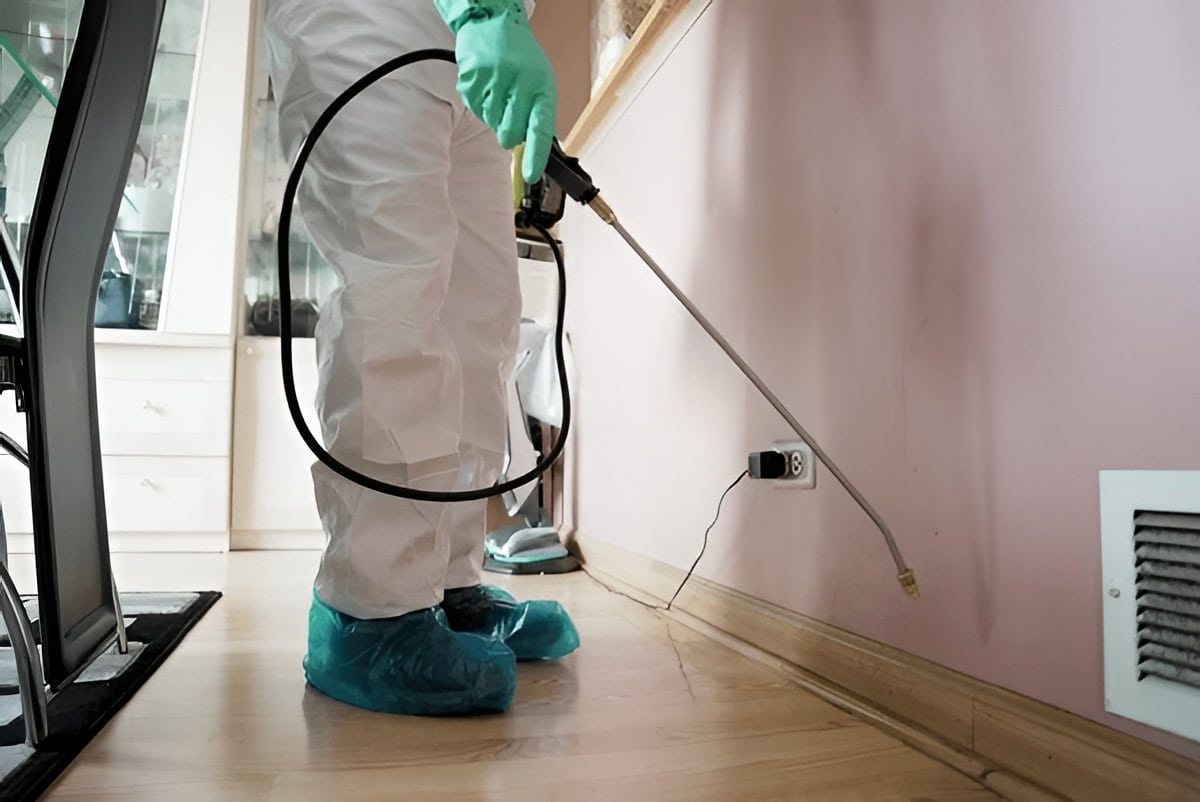 Person in full PPE (white suit, green gloves, boot covers) uses a spray wand to treat a wall inside a room.