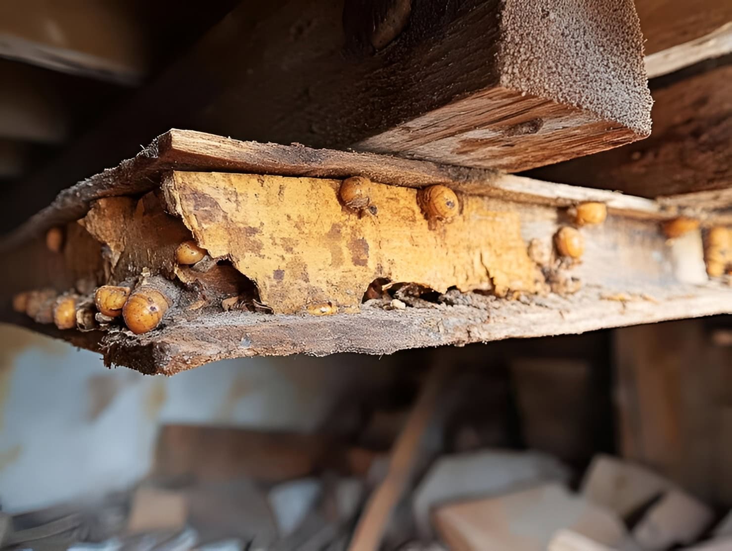 Close-up of a wooden beam with termite damage, yellow core exposed and orange pellets scattered around the edge.