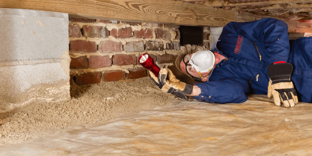 Worker in blue coveralls and mask crawling under a wooden floor, shining a red flashlight on a brick foundation.