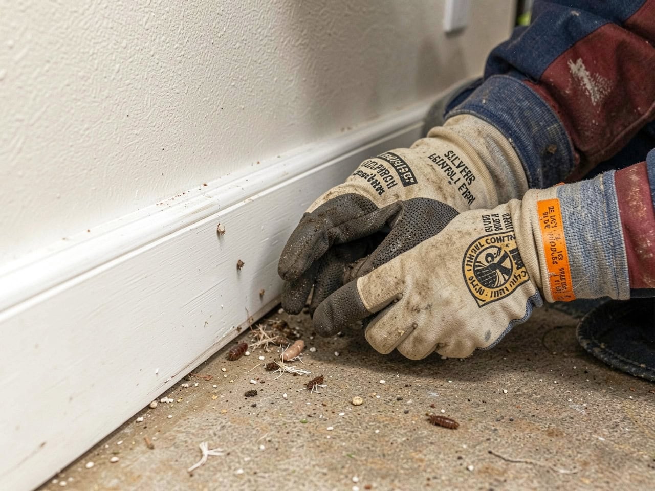 Wearing gloves, a person clears debris and cockroaches from a baseboard—key for Home Pest Control Sydney success.