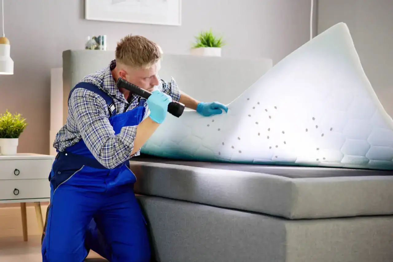 Man in work overalls inspects mattress with flashlight, finding black bugs—part of thorough mattress inspection process.