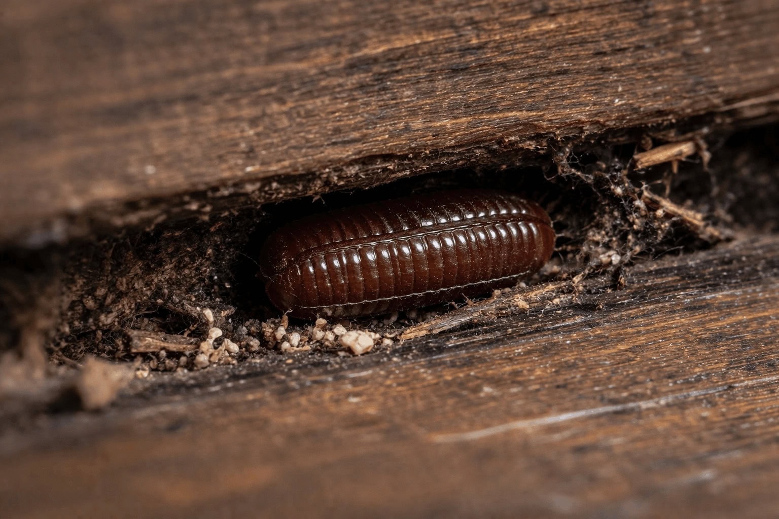 Millipede curled in a wood crevice with dust and debris, highlighting termite risk factors for identification.