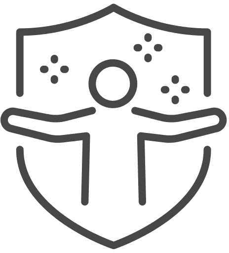 Shield icon with a simple human figure and sparkles, conveying protection and safety.