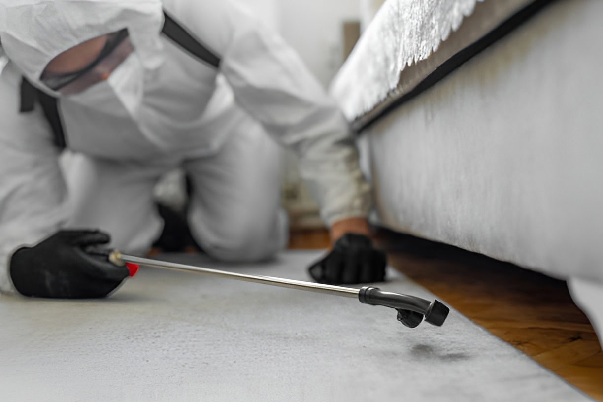 Pest control technician in a white protective suit kneels on the floor, reaching under a bed with a long metal probing tool