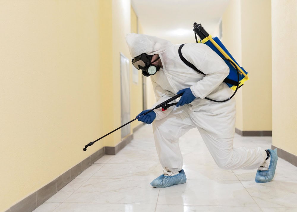 Preventative Solutions worker in protective gear sprays disinfectant in hallway with blue and yellow tank on their back.