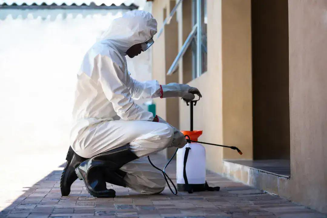 Technician in protective gear sprays chemicals during a Professional Termite Inspection and Treatment near building exterior.