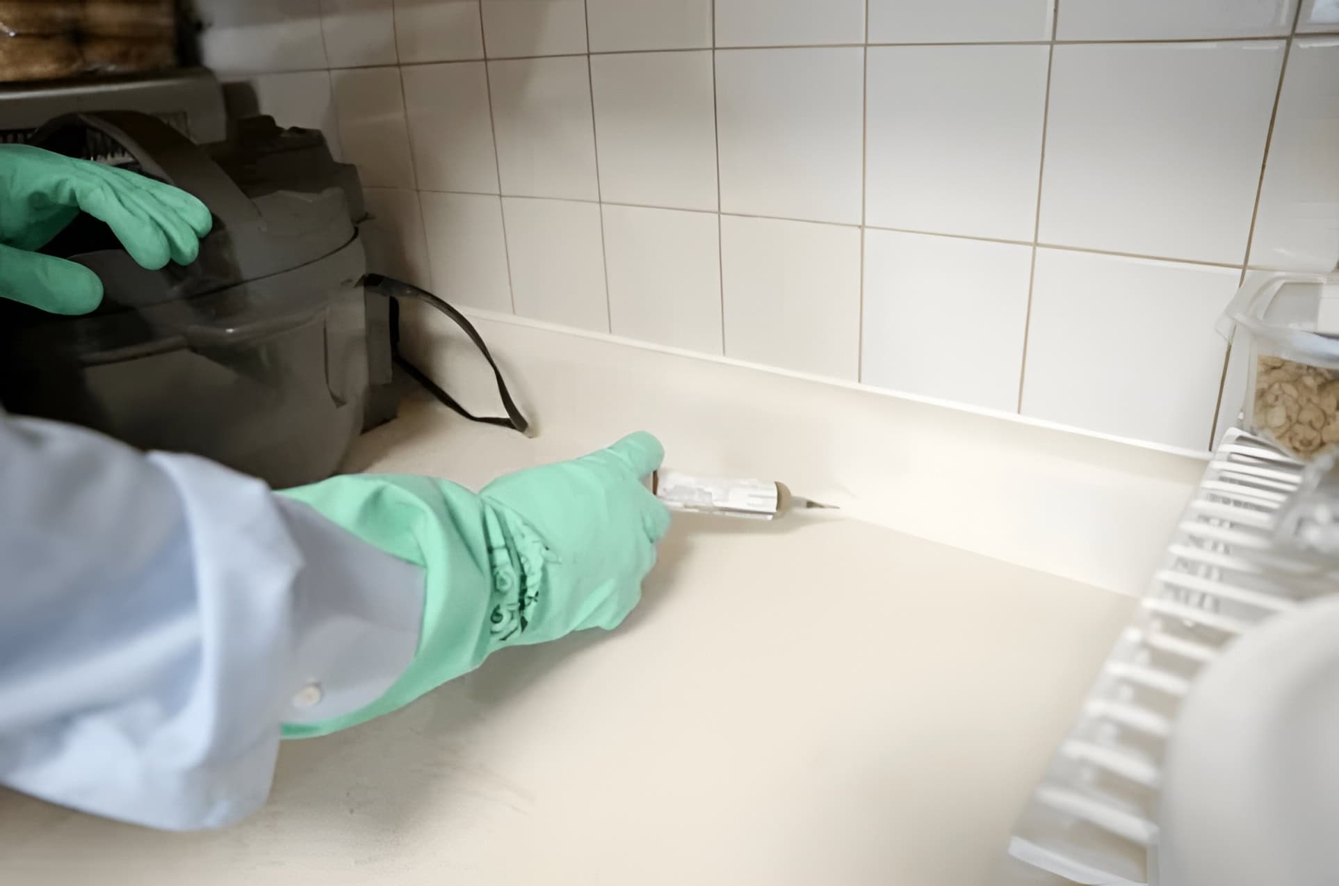 Person in green gloves caulking kitchen countertop edge, sealing gaps for effective rodent pest control.