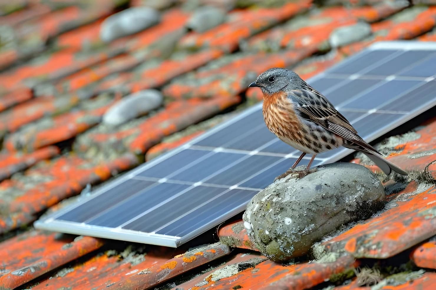 Small bird on stone by solar panels atop mossy red-tiled roof, showing need for solar panel bird proofing.