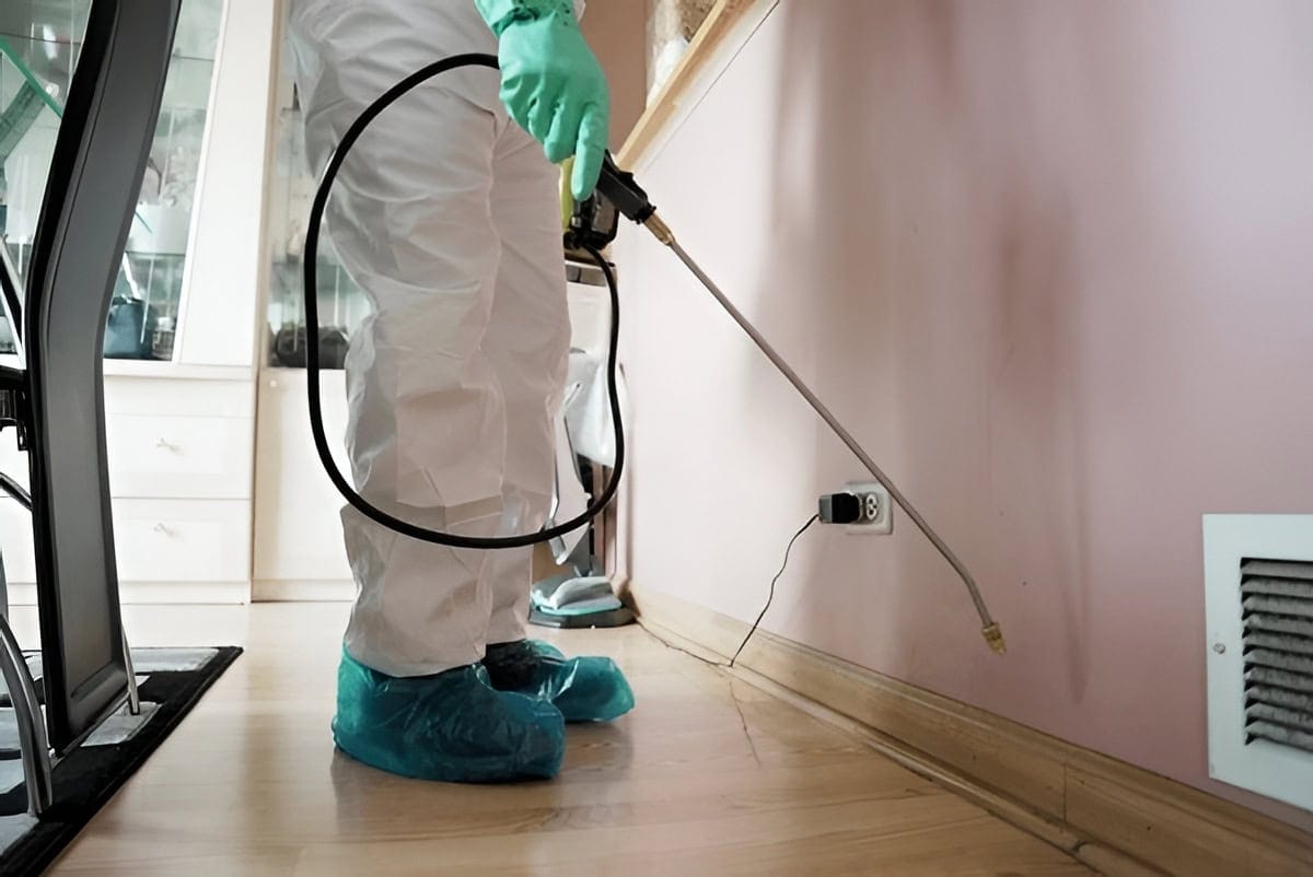 Professional in protective gear spraying pesticide along a wall, demonstrating Termite Control Sydney near outlet and vent.