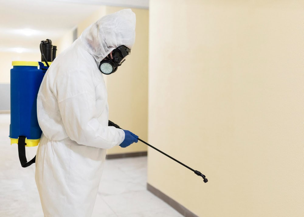 Person in protective suit sprays disinfectant on hallway wall with blue tank—expert termite control Sydney for homes.