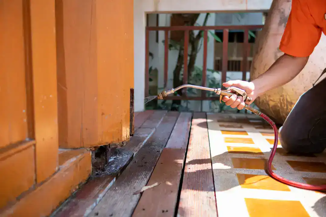 Person using a spray nozzle for termite control Sydney, applying liquid treatment at the base of a wooden structure.