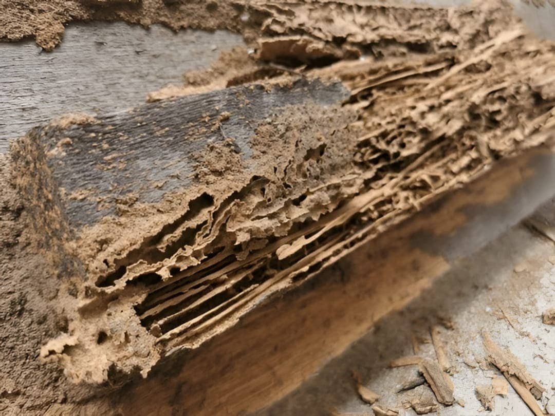 Close-up of a wooden beam severely damaged by termites, showing hollow, layered tunnels and crumbling brown wood dust.
