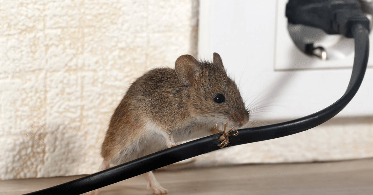 A mouse is chewing on an electrical cord by a wall outlet mice facts: their sharp teeth can easily gnaw through wires.