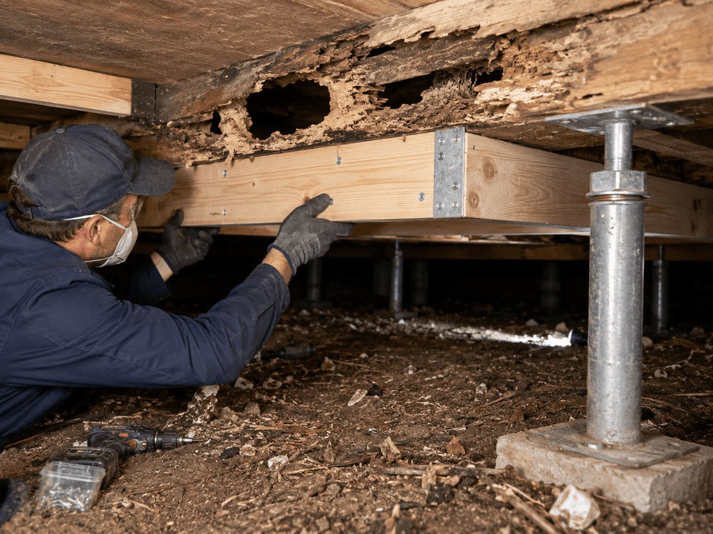 A builder reinforcing structural subfloor timbers during a professional termite damage repair process.