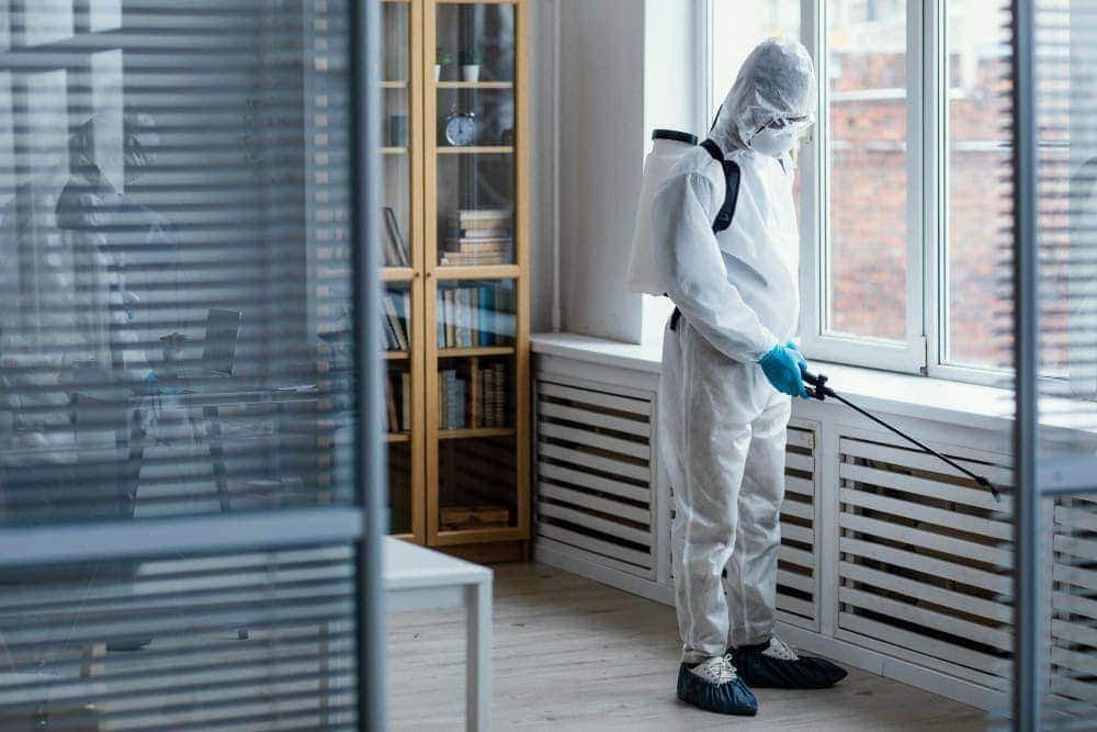 Person in a full protective hazmat suit and blue gloves using a spray wand to disinfect a bright office space by the windows.