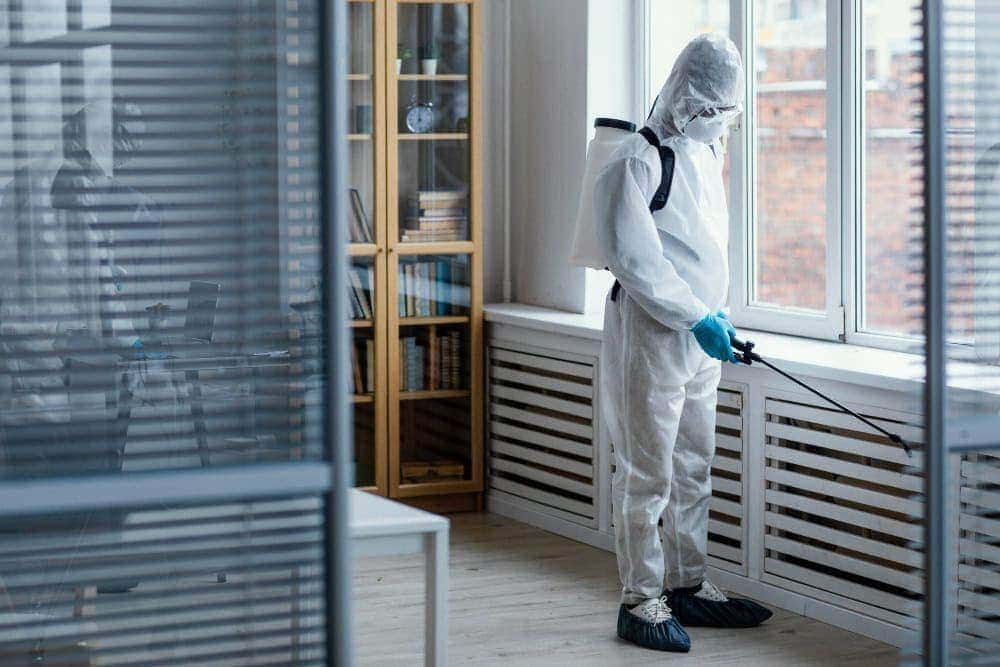 Person in a full protective hazmat suit and blue gloves using a spray wand to disinfect a bright office space by the windows.