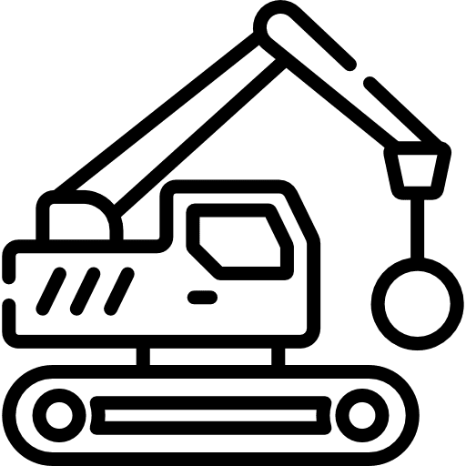 Outline icon of a hydraulic excavator with a long arm and hanging hook on tracks.