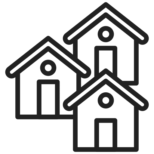 Three overlapping house icons representing housing or multiple homes.