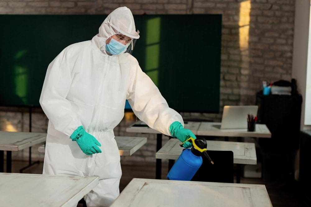 A person in full protective gear disinfects classroom desks with a spray bottle, as advised by Pest Control Berowra.