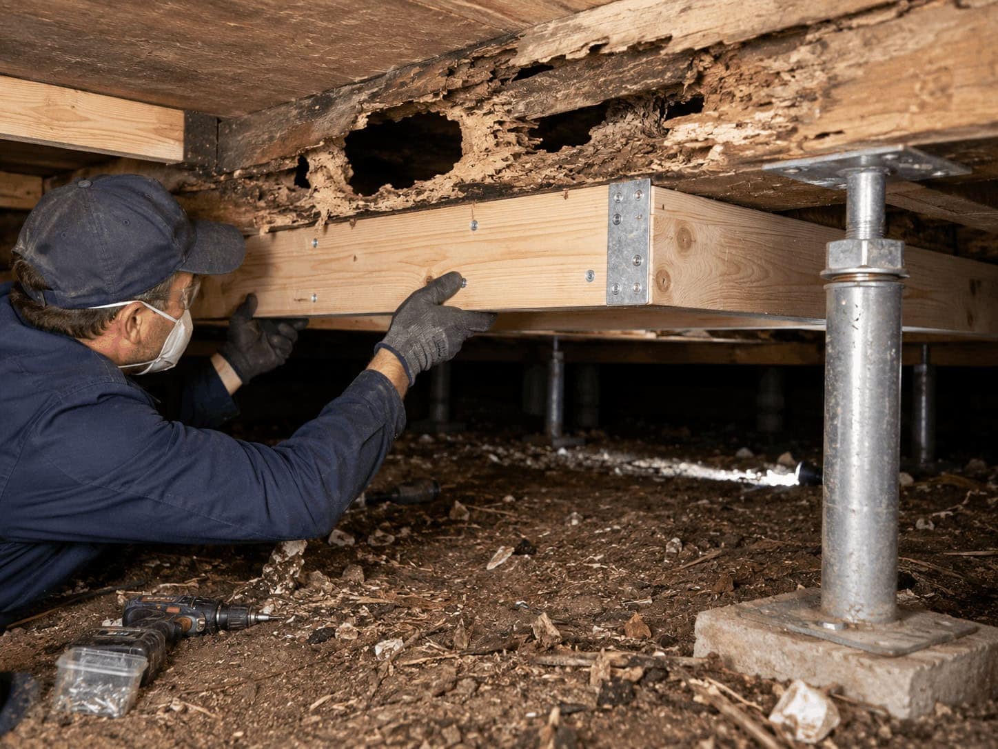 Worker in mask repairs damaged beams under a building, reinforcing with wood and brackets. Pest Control Marsden Park.