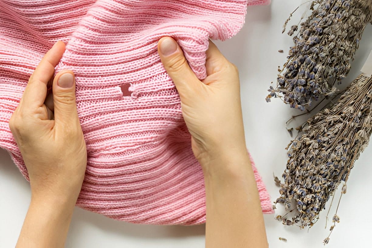 2 hands hold a pink knitted fabric with a hole, likely from carpet beetles; lavender stems are to the right.