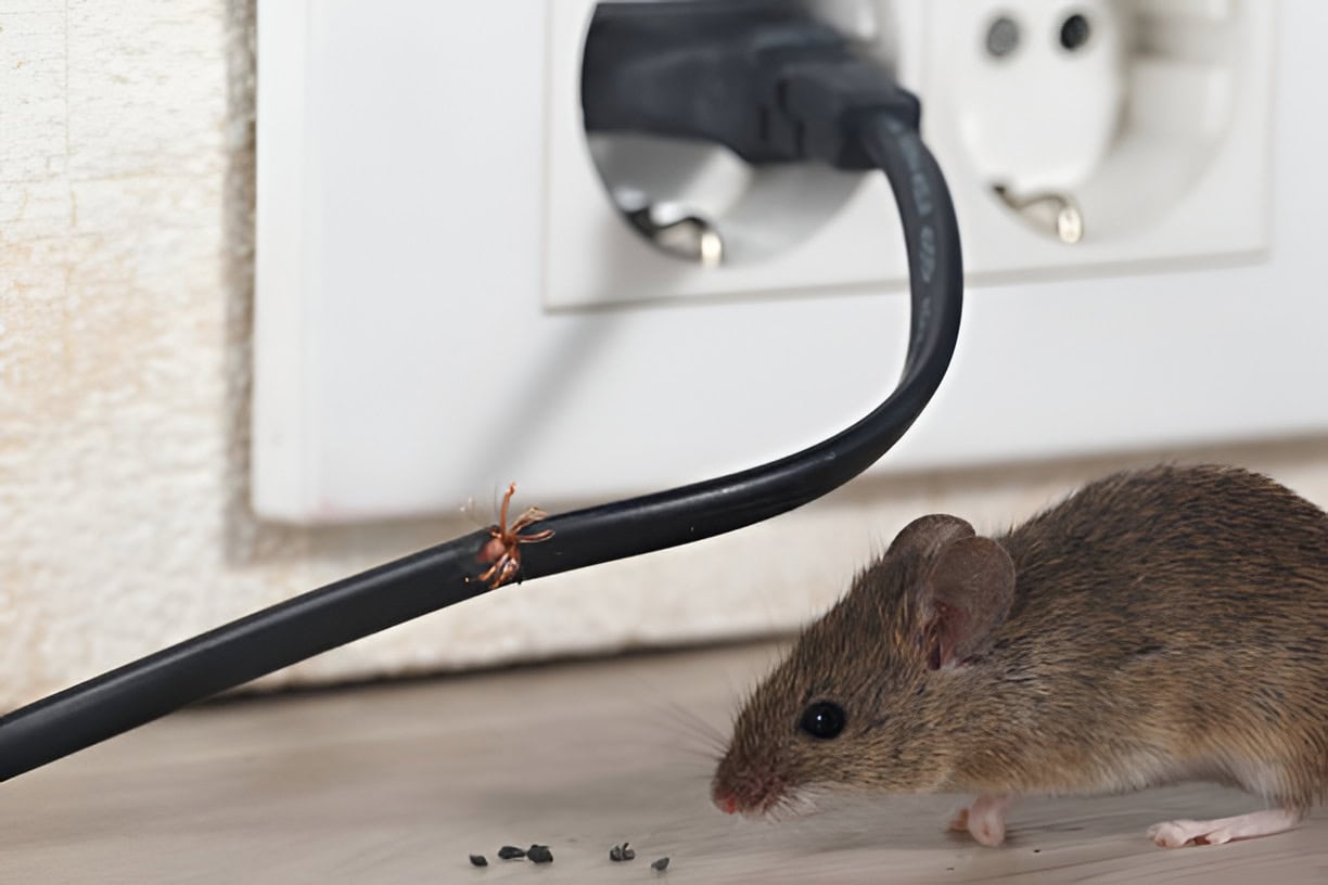 Evidence of a rodent infestation featuring distinct black droppings next to gnawed electrical wiring.