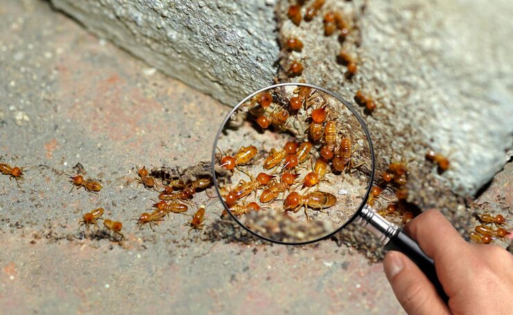 A hand uses a magnifying glass to inspect termites on cracked concrete, stressing the need for termite inspection in Rooty Hill.